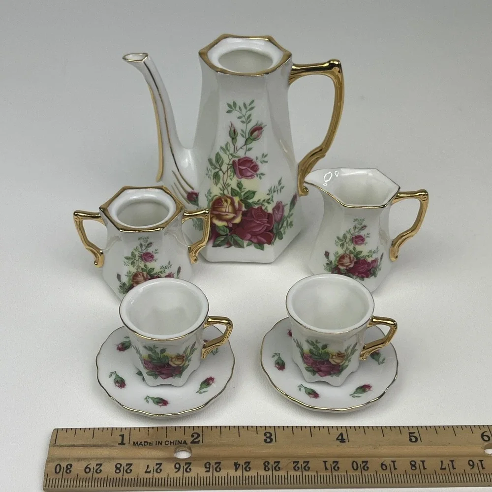 5‎ Piece Porcelain Miniature Tea Coffee Playset Floral Rose Gold Decorative Set